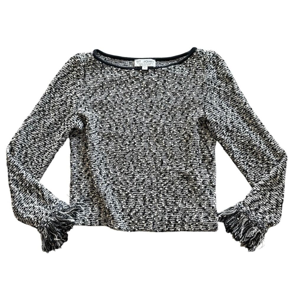 Vintage St. John by Marie Gray Black White Fringe Tweed Sweater w/ Collar Size 6